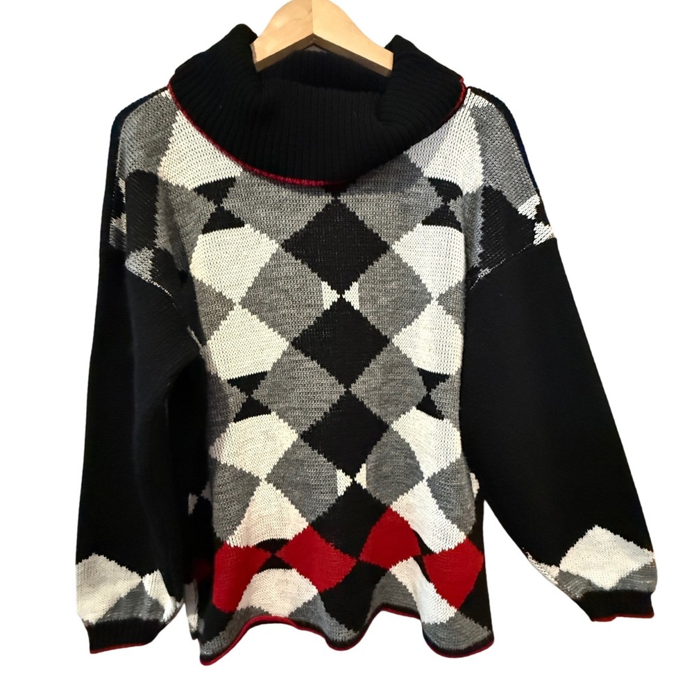 VTG JJ Browne USA Argyle Cowl Neck Sweater Black‎ White Red Diamond Print Preppy